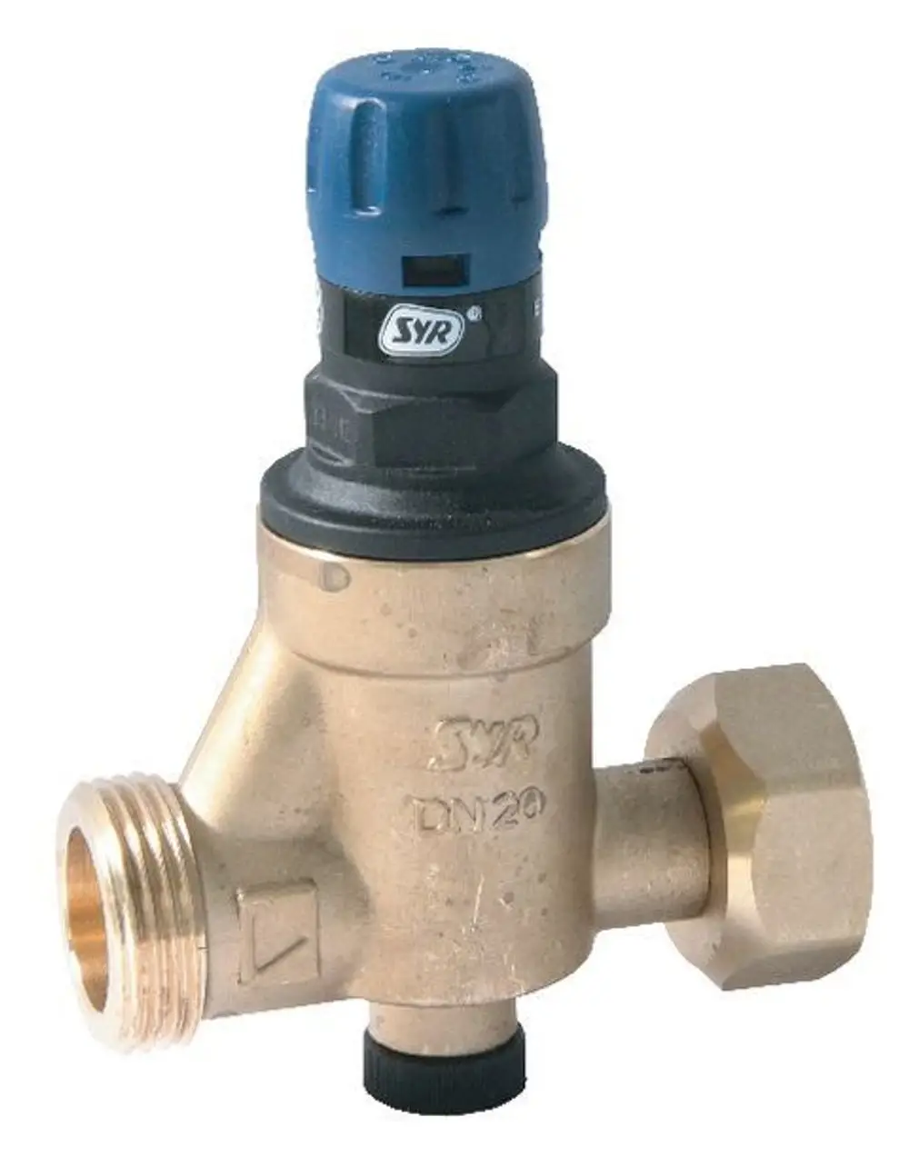 Druckminderer aus Messing mit blauem Kopf von Syr. Anschlüsse für Wasserleitungen, einseitige Gewinde und eingehender Druckreguliermechanismus.